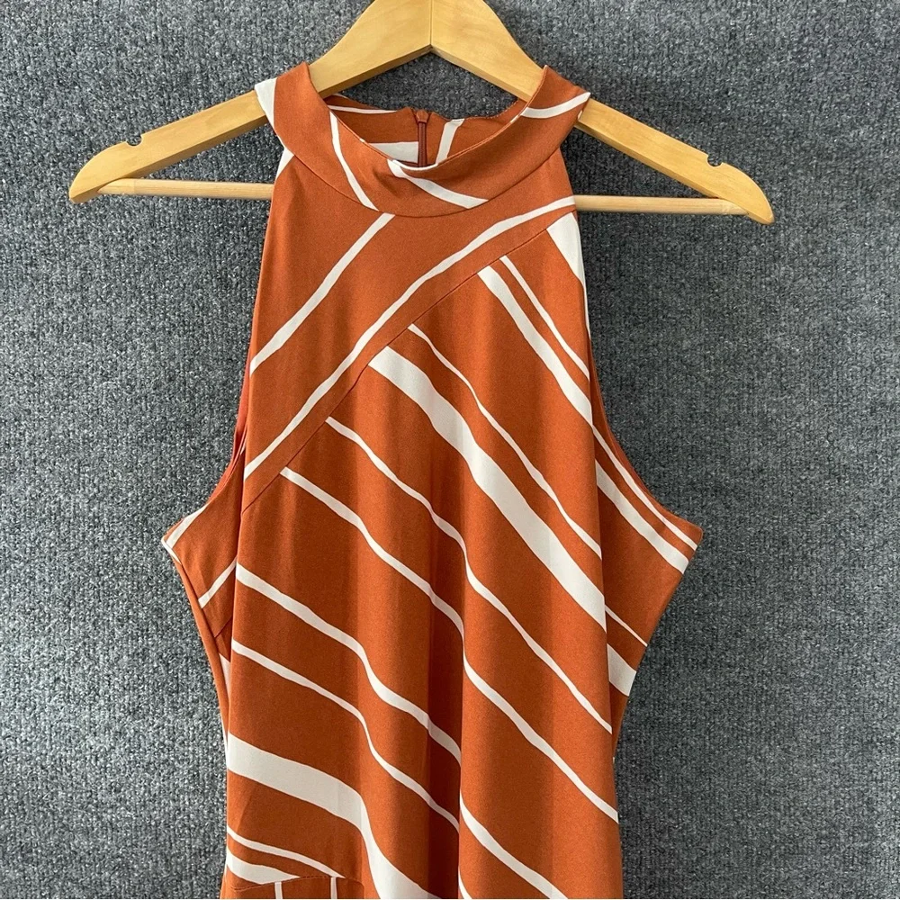TAYLOR Womens Halter Maxi Dress Size 12 Rust Ivory Asymmetrical Hem - Picture 5 of 10